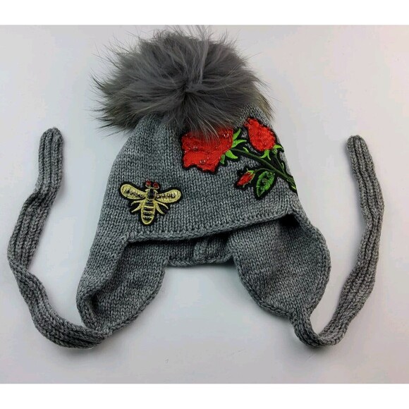 Wool Rabbit Fur Pom Patch Rhinestone Ear Flap Knit Hat Kids